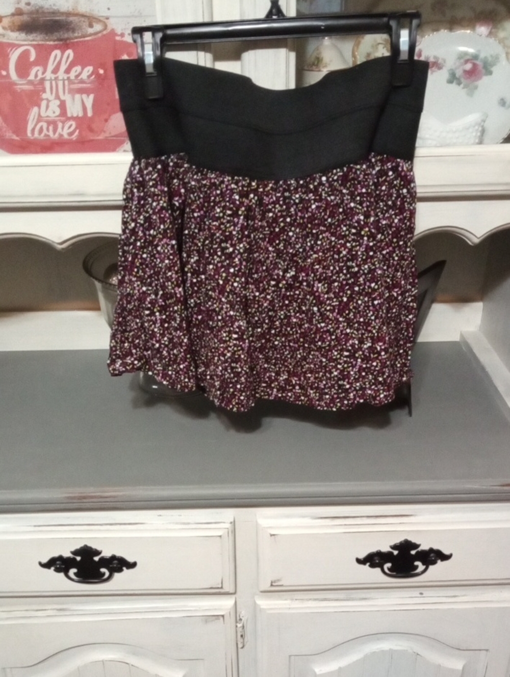 Wet Seal Black Waistband Burgundy Floral Skater Skirt